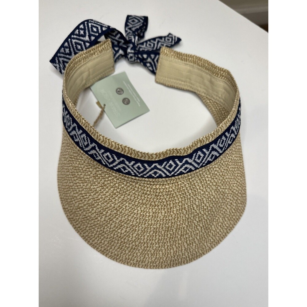 NWT Sea & Grass Women's Paper Straw Hat Visor Blue Ribbon Tie Closure NEW